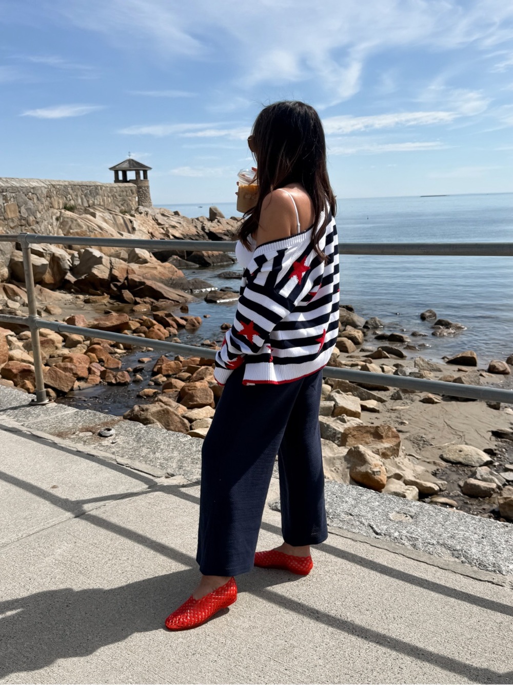Splendid Striped Off-Shoulder Sweater with Red Stars - Navy, White, Red